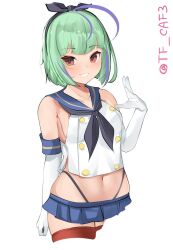 Rule 34 | 1girl, antenna hair, black hairband, black neckerchief, black panties, blue sailor collar, blue skirt, bob cut, cosplay, crop top, elbow gloves, gloves, green hair, hairband, highleg, highleg panties, inverted bob, kantai collection, looking at viewer, microskirt, miniskirt, multicolored hair, neckerchief, one-hour drawing challenge, orange eyes, panties, parted lips, purple hair, sailor collar, shimakaze (kancolle), shimakaze (kancolle) (cosplay), short hair, skirt, smile, solo, streaked hair, striped clothes, striped thighhighs, take (kancolle), tf cafe, thighhighs, underwear, white gloves