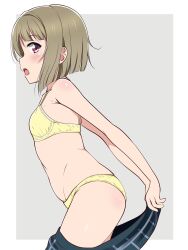 Rule 34 | 1girl, arched back, ass, bare arms, blunt ends, border, borgbutler, bra, breasts, brown hair, clothes pull, commentary request, green skirt, grey background, highres, looking at viewer, looking to the side, love live!, love live! nijigasaki high school idol club, nakasu kasumi, open mouth, panties, purple eyes, short hair, skirt, skirt pull, small breasts, solo, standing, underwear, white border, yellow bra, yellow panties