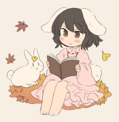 Rule 34 | 1girl, :3, animal ears, bad id, bad twitter id, barefoot, black hair, blush stickers, book, chibi, closed mouth, dress, grey background, holding, inaba mob (touhou), inaba tewi, leaf, leaf on head, long sleeves, maple leaf, open book, pink dress, rabbit, rabbit ears, rabbit girl, rabbit tail, reading, red eyes, simple background, sitting, smile, solo, tail, touhou, tsukiori, wide sleeves