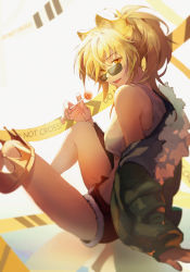Rule 34 | 1girl, absurdres, animal ears, arknights, blonde hair, breasts, candy, caution tape, cleavage, fangs, food, from side, fur-trimmed jacket, fur-trimmed shorts, fur trim, green jacket, highres, holding, holding candy, holding food, holding lollipop, jacket, knees up, lion, lion ears, lollipop, long hair, looking at viewer, looking to the side, medium breasts, micro shorts, midriff, off shoulder, open clothes, open jacket, open mouth, polaris (user rdgx7257), red shorts, shorts, siege (arknights), sitting, solo, spread legs, sunglasses, tank top, upper body, weapon, white tank top