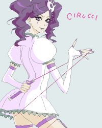 Rule 34 | 1girl, arrancar, artist request, bleach, character name, cirucci sanderwicci, dress, facial mark, fingerless gloves, gloves, hair ornament, lipstick, looking at viewer, looking back, lowres, makeup, nail polish, oekaki, puffy sleeves, purple eyes, purple hair, purple nails, short dress, short twintails, simple background, solo, thigh strap, twintails, wavy hair, whip, white dress, white gloves