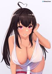 Rule 34 | 1girl, ahoge, areola slip, artist name, bare shoulders, black hair, breasts, cleavage, collarbone, commentary, covered erect nipples, cowboy shot, downblouse, english commentary, grey background, hanging breasts, heart, heart ahoge, highres, leaning forward, long hair, looking at viewer, nessu (nnn07897), no bra, original, parted lips, red eyes, see-through, see-through silhouette, sidelocks, simple background, smile, solo, standing, strap slip, striped clothes, striped thighhighs, tank top, thighhighs, thighs, twitter username, white background, white tank top, white thighhighs
