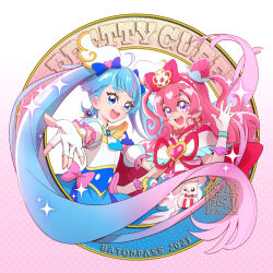 Rule 34 | 2girls, ahoge, blue eyes, blue hair, bow, brooch, cape, commentary request, cone hair bun, cure precious, cure sky, delicious party precure, detached sleeves, earrings, fingerless gloves, gloves, gradient hair, hair bun, heart, heart brooch, hirogaru sky! precure, jewelry, kamikita futago, kome-kome (precure), long hair, magical girl, multicolored hair, multiple girls, nagomi yui, official art, pink bow, pink hair, precure, puffy detached sleeves, puffy sleeves, purple eyes, single sidelock, sora harewataru, two-sided cape, two-sided fabric, two side up, white gloves, wing hair ornament