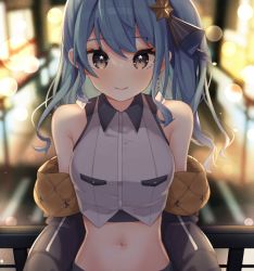 Rule 34 | 1girl, bare shoulders, black jacket, blue hair, blurry, blurry background, blush, closed mouth, collared shirt, crop top, gyudon uma, hair ornament, hair ribbon, hololive, hoshimachi suisei, jacket, long hair, looking at viewer, midriff, navel, off shoulder, open clothes, open jacket, ribbon, shirt, sleeveless, sleeveless shirt, smile, solo, star (symbol), star hair ornament, star in eye, symbol in eye, virtual youtuber, white shirt