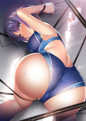 Rule 34 | 1girl, ass, blue eyes, blush, bound, bound wrists, breasts, commentary request, competition swimsuit, from behind, highres, indoors, looking at viewer, looking back, machimura komori, medium breasts, nose blush, one-piece swimsuit, original, purple eyes, rope, short hair, shower head, solo, swimsuit, tearing up, tiles, top-down bottom-up, water, wet
