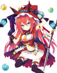Rule 34 | 1girl, belt, black thighhighs, blue eyes, blush, cape, flask, gradient hair, gun, hair ornament, hairclip, hand on headwear, hat, holding, holding gun, holding weapon, horns, lantern, long hair, multicolored hair, navel, nibiiro shizuka, original, pink hair, pleated skirt, pointy ears, red hair, rifle, round-bottom flask, skirt, smile, solo, thighhighs, very long hair, weapon, white background, witch hat