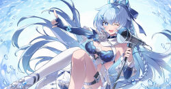 Rule 34 | 1girl, ;d, absurdres, blue eyes, blue hair, braid, breasts, chinese commentary, detached sleeves, dress, fingerless gloves, gao hai takami, gloves, hair ornament, hairclip, highres, holding, honkai (series), honkai impact 3rd, long hair, looking at viewer, medium breasts, megaphone, microphone stand, one eye closed, open mouth, pink pupils, ponytail, shigure kira, single glove, single thighhigh, smile, solo, thigh strap, thighhighs, very long hair, water