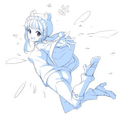 Rule 34 | 1girl, :d, animal hood, ass, boots, full body, fur-trimmed hood, fur trim, fur trimm, high heel boots, high heels, hood, jacket, long hair, long sleeves, looking at viewer, low twintails, nieve (rabi ribi), official art, open mouth, outstretched arms, rabi-ribi, saiste, simple background, sketch, smile, snowflakes, solo, spread arms, thighhighs, twintails, white background, wide sleeves