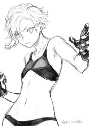 Rule 34 | 1girl, absurdres, bare shoulders, bra, cowboy shot, gloves, greyscale, highres, leo (reiga), looking at viewer, monochrome, navel, original, panties, parted lips, reiga (act000), short hair, simple background, solo, underwear, white background