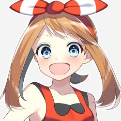 Rule 34 | 1girl, :d, bad id, bad pixiv id, blue eyes, blush, bow, brown hair, collarbone, creatures (company), floating hair, game freak, grey background, hair bow, hairband, long hair, looking at viewer, may (pokemon), nintendo, open mouth, pokemon, pokemon oras, ponytail, portrait, red hairband, red shirt, shirt, simple background, sleeveless, sleeveless shirt, smile, solo, striped, striped bow, twintails, yuihico