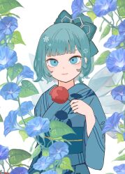 Rule 34 | 1girl, blue eyes, blue flower, blue hair, bow, candy apple, cirno, expressionless, floral print, flower, food, hair bow, hair bun, highres, holding, holding food, ice, ice wings, japanese clothes, kimono, leaf, looking at viewer, morning glory, morning glory print, short hair, snowflakes, solo, touco to, touhou, wings