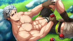 Rule 34 | 1boy, abs, bara, belt, black male underwear, boots, boxer briefs, brown shorts, chest hair, closed mouth, clothes pull, creatures (company), day, eyewear on head, facial hair, game freak, glasses, grey hair, highres, holding, holding poke ball, kuroshinki, large pectorals, lying, male focus, male underwear, muscular, muscular male, navel, nintendo, nipples, on back, outdoors, pectorals, poke ball, pokemon, pokemon go, short hair, shorts, shorts around one leg, shorts pull, smile, solo, stubble, underwear, willow (pokemon)