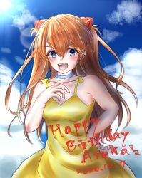 Rule 34 | 1girl, blue eyes, blue sky, breasts, brown hair, cleavage, dress, grin, hair ornament, hairclip, hand on own hip, happy birthday, highres, long hair, neon genesis evangelion, open mouth, pilot, sky, smile, solo, souryuu asuka langley, yellow dress
