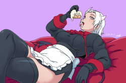 Rule 34 | 1girl, apron, black dress, black gloves, black tail, black thighhighs, blind, blue background, breasts, cake, commentary request, cropped jacket, cushion, dated, demon girl, demon horns, demon tail, dress, dripping, eating, food, gloves, helltaker, horns, icing, justice (helltaker), large breasts, looking at viewer, maid, maid apron, open mouth, reclining, short hair, signature, solo, tail, thighhighs, thighs, tongue, tongue out, tsukudani (coke-buta), white hair, white horns