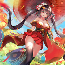 Rule 34 | 1girl, ahoge, asanogawa (tutufcc), azur lane, bare shoulders, black hair, black thighhighs, blue sky, blush, breasts, cleavage, cloud, collarbone, day, detached sleeves, falling leaves, feathers, floating hair, flower, gold trim, hair between eyes, hair flower, hair ornament, hair ribbon, highres, holding, holding umbrella, japanese clothes, kimono, large breasts, leaf, long hair, looking at viewer, obi, off shoulder, oil-paper umbrella, outdoors, panties, parted lips, red eyes, red kimono, red ribbon, ribbon, sash, sidelocks, sky, smile, solo, striped ribbon, taihou (azur lane), thighhighs, twintails, umbrella, underwear, very long hair, walking, white panties, wide sleeves, wind, wind lift