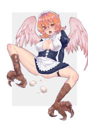 Rule 34 | 1girl, bird legs, blush, breasts, breasts apart, camouflage crow, dress, egg, egg laying, feathered wings, harpy, heart, heart-shaped pupils, highres, ishuzoku reviewers, juliet sleeves, long sleeves, maid, maid headdress, meidri, monster girl, no panties, open clothes, open mouth, orange hair, puffy sleeves, red eyes, short hair, solo, spread legs, symbol-shaped pupils, talons, tongue, wings