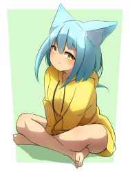 Rule 34 | 1girl, absurdres, animal ear fluff, animal ears, bad id, bad pixiv id, bare legs, barefoot, blue hair, brown eyes, closed mouth, commentary request, crossed legs, drawstring, fang, fang out, feet, full body, green background, highres, hood, hood down, hoodie, idaten93, legs, long hair, looking at viewer, original, shadow, sitting, smile, soles, solo, two-tone background, white background, yellow hoodie