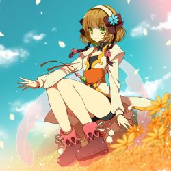 Rule 34 | 1girl, bike shorts, bow, brown hair, cloud, coat, day, female focus, flower, full body, gradient background, green eyes, hair flower, hair ornament, hair ribbon, hairband, leia rolando, mami (apsaras), nature, outdoors, plant, ribbon, shoes, short hair, sitting, sky, smile, solo, tales of (series), tales of xillia