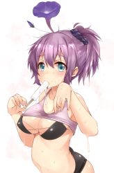Rule 34 | 10s, 1girl, aoba (kancolle), aqua eyes, bare arms, bare shoulders, bikini, black bikini, blue eyes, blush, breasts, cleavage, clothes lift, collarbone, dripping, eating, flower, food, hair ornament, hair scrunchie, hand up, holding, holding food, hot, kantai collection, large breasts, leaning forward, looking at viewer, navel, pink hair, ponytail, popsicle, purple flower, purple hair, sawamura aoi, scrunchie, short hair, sleeveless, solo, stomach, sweat, swimsuit, tank top, upper body, wet