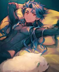 Rule 34 | 1boy, 1other, animal, asymmetrical bangs, blue hair, bodysuit, child, closed mouth, clothing cutout, cu chulainn (fate), dog, earrings, fangs, fate/grand order, fate/grand order arcade, fate (series), hair down, jewelry, long hair, looking at viewer, lying, male focus, muscular, muscular child, muscular male, ojitaro12, on back, pectorals, puppy, red eyes, setanta (fate), skin tight, slit pupils, smile, solo, spiked hair, thigh cutout