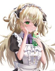 Rule 34 | 1girl, apron, black ribbon, blonde hair, blush, bow, bowtie, breasts, chuunibyou, dress, drinking straw, drinking straw in mouth, eyepatch, fischl (genshin impact), frills, genshin impact, green eyes, hair ribbon, hand on own cheek, hand on own face, highres, long hair, maid, maid apron, maid headdress, medium breasts, mihata atelier, puffy sleeves, purple bow, purple bowtie, purple ribbon, qi maid, ribbon, smile, solo, two side up