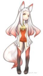 Rule 34 | 1girl, absurdres, animal ears, arms behind back, bare shoulders, closed mouth, fox ears, fox girl, fox tail, frown, full body, gradient hair, gradient legwear, highres, legs apart, long hair, multicolored hair, multicolored tail, no nose, original, puchiman, red hair, red tail, simple background, solo, standing, tail, thighhighs, turtleneck, twitter username, two-tone hair, white background, white hair, white tail, yellow eyes