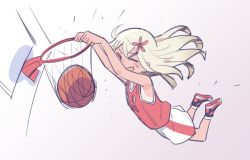 Rule 34 | &gt; &lt;, 1girl, ball, basketball, basketball (object), basketball uniform, blonde hair, closed eyes, commentary request, flower, full body, gradient background, hair flower, hair ornament, kantai collection, long hair, one-piece tan, open mouth, ro-500 (kancolle), shoes, slam dunk (basketball), smile, sneakers, solo, sportswear, tan, tanline, tonmoh, white background