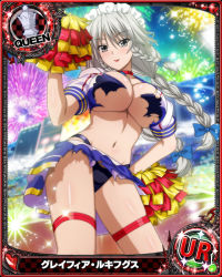 Rule 34 | 1girl, black panties, blue bow, bow, braid, breasts, card (medium), cheerleader, chess piece, cleavage, female focus, grayfia lucifuge, grey eyes, grey hair, hair bow, high school dxd, large breasts, long hair, looking at viewer, maid headdress, matching hair/eyes, mature female, navel, official art, panties, pom pom (cheerleading), queen (chess), red lips, skirt, smile, solo, standing, thigh strap, torn clothes, torn skirt, twin braids, underboob, underwear