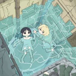Rule 34 | 2girls, black eyes, black hair, blonde hair, blue eyes, chito (shoujo shuumatsu ryokou), closed eyes, clothes on floor, creature, floating, floating hair, full body, hat, highres, industrial pipe, multiple girls, open mouth, partially submerged, shirt, shoujo shuumatsu ryokou, smile, swimming, tm (utfp3372), water, white shirt, yuuri (shoujo shuumatsu ryokou)