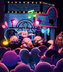 Rule 34 | absurdres, band, bandana, bandana waddle dee, blue bandana, brown eyes, closed eyes, dark background, elfilin, from behind, highres, instrument, king dedede, kirby, kirby (series), kirby and the forgotten land, light, movie theater, music, musical note, night, nintendo, no humans, no mouth, one eye closed, open mouth, sound wave, suyasuyabi, waddle dee
