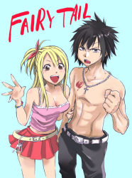 Rule 34 | 00s, 1boy, 1girl, abs, belt, black pants, blonde hair, bracelet, camisole, cleavage, copyright name, cross, fairy tail, gray fullbuster, jewelry, key, keyring, lucy heartfilia, necklace, open mouth, pants, red skirt, topless male, shizumukun, side ponytail, skirt, tattoo, topless, watabe shizu, white belt