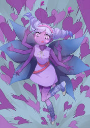 Rule 34 | 1girl, :q, antennae, colored skin, dress, drill hair, extra arms, eyelashes, flying, frostcyco, gradient background, heart, heart-shaped pupils, heart background, heart cheeks, leg warmers, long hair, monster girl, purple dress, purple eyes, purple hair, purple skin, purple theme, ribbon, solo, star butterfly, star butterfly (mewberty), star vs the forces of evil, symbol-shaped pupils, tongue, tongue out, twin drills, wings