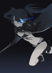 Rule 34 | 1girl, absurdres, bad id, bad twitter id, black background, black hair, black rock shooter, black rock shooter (character), blue eyes, boots, coat, dokshuri, flaming eye, gloves, glowing, glowing eye, highres, katana, long hair, midriff, pale skin, running, scar, short shorts, shorts, solo, sword, twintails, uneven twintails, weapon