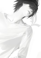 Rule 34 | 1boy, absurdres, bags under eyes, character name, death note, from below, greyscale, hair between eyes, highres, l (death note), long sleeves, looking at viewer, looking down, male focus, monochrome, short hair, simple background, solo, upper body, wz (woyzeck)