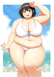 Rule 34 | 1girl, arm at side, arm up, bikini, blue background, blue sky, blush, border, breasts, brown hair, character request, cleavage, cloud, cloudy sky, commentary request, contrapposto, copyright request, day, dot nose, fat, feet out of frame, hair between eyes, harukakakkokari, highres, huge breasts, looking at viewer, medium hair, muffin top, navel, open hand, open mouth, outdoors, outside border, plump, sky, smile, solo, standing, swimsuit, tareme, thick arms, thick thighs, thighs, water, white bikini, white border, yellow eyes