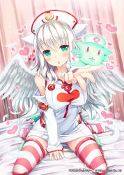 Rule 34 | 1girl, :3, :o, akkijin, angel wings, animal ears, bare shoulders, bed, between legs, blowing kiss, blush, border, breasts, cat ears, cat tail, catcine (shinkai no valkyrie), curtains, detached sleeves, dress, feathers, foreshortening, full body, green eyes, hand between legs, hat, heart, indoors, large breasts, long hair, looking at viewer, no shoes, nurse, nurse cap, official art, on bed, open mouth, outstretched arm, paw print, red thighhighs, shinkai no valkyrie, short dress, sitting, sleeves past wrists, solo, sparkle, spread legs, striped clothes, striped thighhighs, syringe, tail, thighhighs, very long hair, wariza, white hair, white thighhighs, wings, zettai ryouiki