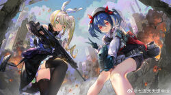 Rule 34 | 2girls, assault rifle, blue hair, girls&#039; frontline, gloves, gun, handgun, hat, highres, holding, holding gun, holding weapon, multiple girls, nurse cap, qi du tiantian xiang xingyun, red eyes, rifle, robinson armaments xcr, taurus curve, weapon