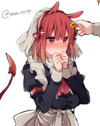 Rule 34 | 1girl, animal ears, apron, bad id, bad tumblr id, blush, bow, bowtie, breasts, demon tail, eyebrows, flower, hair flower, hair ornament, hair ribbon, hairband, hand to own mouth, highres, ikeuchi tanuma, large breasts, looking to the side, maid, original, out of frame, red eyes, red hair, ribbon, short hair, simple background, solo focus, standing, tail, twitter username, upper body, veil, waist apron, white background