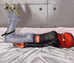 Rule 34 | 1boy, belt, legs up, looking at viewer, lying, male focus, on bed, on stomach, pants, red eyes, red hair, solo, tanaji yuu, the king of fighters, white pants, yagami iori