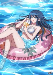 Rule 34 | 1girl, artist name, bare arms, bare legs, bikini, blue eyes, breasts, closed mouth, collarbone, commentary, commission, danganronpa: trigger happy havoc, danganronpa (series), danganronpa s: ultimate summer camp, drinking, drinking straw, english commentary, foot out of frame, frilled bikini, frills, hair ornament, hairclip, highres, holding, in water, innertube, lewdkuma, long hair, looking at viewer, lying, maizono sayaka, medium breasts, navel, outdoors, red lips, sandals, second-party source, smile, solo, swim ring, swimsuit, water