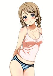 Rule 34 | 1girl, absurdres, alternate hairstyle, arms behind back, blue hair, blue panties, blush, breasts, camisole, cleavage, covered erect nipples, cowboy shot, grin, groin, highres, leaning forward, light brown hair, looking at viewer, love live!, love live! sunshine!!, low twintails, medium breasts, panties, sankuro (agoitei), scan, short twintails, simple background, smile, solo, striped clothes, striped panties, twintails, underwear, underwear only, watanabe you, white background
