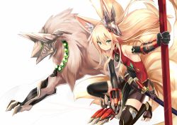 Rule 34 | 1girl, animal ears, bare shoulders, barefoot, belt, bike shorts, black gloves, black thighhighs, blonde hair, breasts, claw (weapon), covered navel, elbow gloves, fox ears, gloves, green eyes, highres, kokonoe tsubaki, long hair, low-tied long hair, multiple tails, on one knee, original, scabbard, sheath, sheathed, small breasts, solo, sword, tail, thighhighs, toeless legwear, toes, weapon, yoshizawa tsubaki