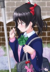Rule 34 | 1girl, artist name, artist request, bag, black hair, blue jacket, blush, bow, bowtie, cardigan, carrying bag, collared shirt, female focus, green bow, green bowtie, hair bow, highres, jacket, long sleeves, looking at viewer, love live!, love live! school idol project, otonokizaka school uniform, parted lips, pink cardigan, pink shirt, playing with own hair, rain, red bow, red eyes, school uniform, shirt, short hair, smile, solo, striped bow, striped bowtie, striped clothes, twintails, yazawa nico