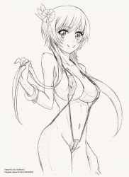 10s 1girl ale_(ale_halexxx) bikini breasts female_focus highres holding holding_own_hair navel nisekoi sideboob sketch smile solo swimsuit tachibana_marika