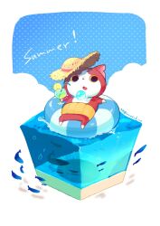 Rule 34 | afloat, blue sky, cat, cloud, cocktail, cocktail glass, commentary request, cup, day, drinking glass, fish, food, fruit, full body, haramaki, hat, highres, holding, holding cup, innertube, isometric, jibanyan, lemon, lemon slice, looking to the side, lying, nao (naosuk115), no humans, notched ear, on back, open mouth, outdoors, sky, solo, straw hat, summer, swim ring, traditional youkai, water, youkai watch