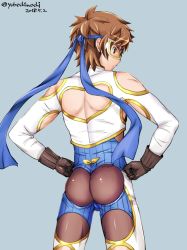 Rule 34 | 1boy, akari seisuke, ass, blue background, cosplay, djeeta (granblue fantasy), djeeta (granblue fantasy) (cosplay), from behind, gran (granblue fantasy), granblue fantasy, hands on own hips, highres, looking back, luchador (granblue fantasy), male focus, mask, simple background, solo