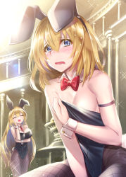 Rule 34 | 2girls, animal ears, armband, azur lane, bare shoulders, bataan (azur lane), between breasts, black legwear, black leotard, blue eyes, blush, bow, bowtie, breasts, closed eyes, commentary request, covering privates, covering breasts, detached collar, embarrassed, fake animal ears, fishnet legwear, fishnets, highres, ken ill, large breasts, leotard, long hair, multiple girls, necktie, necktie between breasts, north carolina (azur lane), nose blush, open mouth, pantyhose, playboy bunny, rabbit ears, red neckwear, short hair, sleeveless, small breasts, smile, very long hair, wavy mouth, wrist cuffs