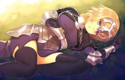 Rule 34 | 1girl, ahoge, armor, armored dress, bad id, bad pixiv id, black gloves, black thighhighs, blonde hair, braid, breasts, commentary request, dress, fate/apocrypha, fate/grand order, fate (series), gloves, grass, headgear, jeanne d&#039;arc (fate), jeanne d&#039;arc (ruler) (fate), kibamigohann, long hair, looking at viewer, lying, medium breasts, on side, parted lips, purple dress, short dress, single braid, solo, thighhighs, very long hair, yellow eyes