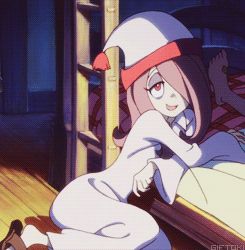 Rule 34 | 10s, 1girl, animated, animated gif, bed, hair over one eye, hat, little witch academia, long hair, lowres, nightcap, nightgown, solo, sucy manbavaran, talking
