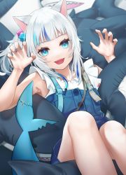 Rule 34 | 1girl, animal ears, bad id, bad pixiv id, blue eyes, blue hair, blush, cat ears, fins, fish tail, gawr gura, gawr gura (casual), hololive, hololive english, looking at viewer, multicolored hair, official alternate costume, open mouth, shark tail, sharp teeth, silver hair, solo, streaked hair, suzu (tonami0726), tail, teeth, virtual youtuber